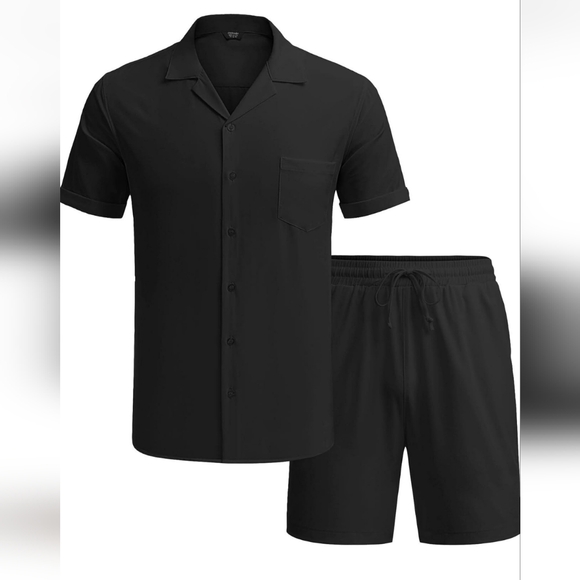 NEW MENS 2 PIECE BLACK BEACH CASUAL BUTTON DOWN SHIRT & SHORT SUIT SIZE LARGE - Picture 2 of 11
